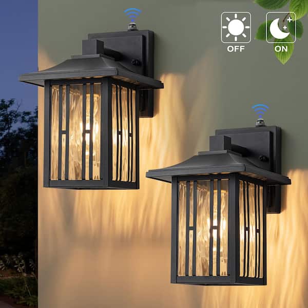 Laplusbelle 10 in. Powder-Coated Black Dusk to Dawn Hardwired Outdoor Wall Lantern Sconce with Clear Water Glass, No Bulbs Included