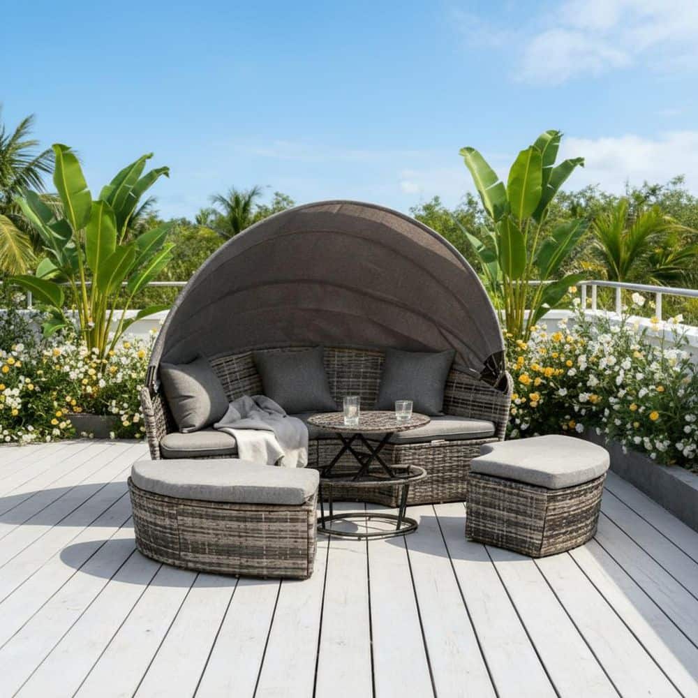 4-Piece Gray Rattan Patio Conversation Set with Gray Cushions Includes 1/4 Round Chair，Half Round Chair and Tea Table price history on PriceWatchPro
