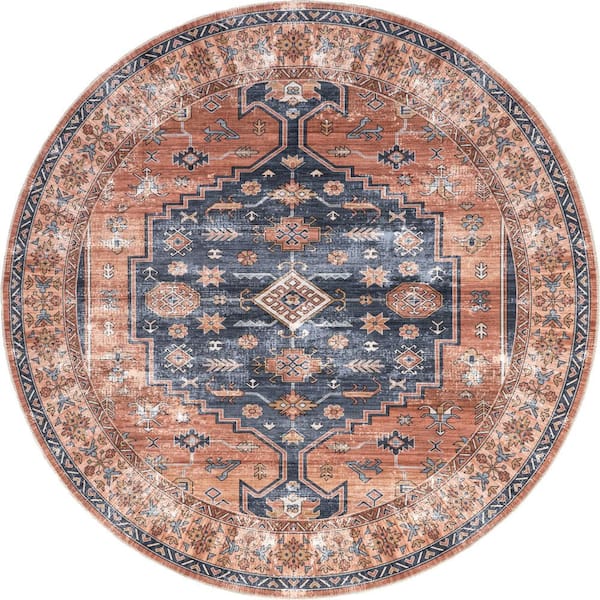 nuLOOM Medallion Machine Washable Brick 6 ft. Persian Round Rug