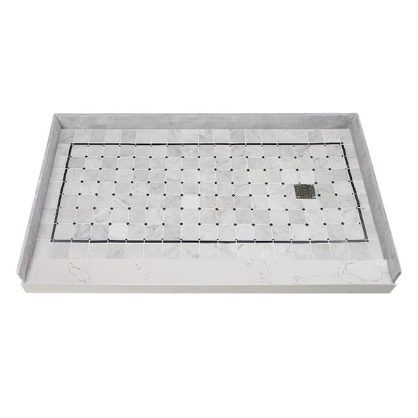 Transolid Pre-Tiled 60 in. L x 36 in. W Alcove Shower Pan Base with Right-Hand Drain in White Square