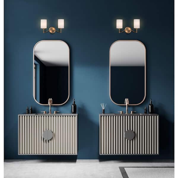 Liam 16 in. 2-Light Burnished Brass Vanity Light with White Opal Glass Shade