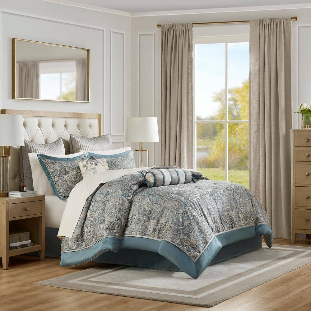 California King Gray and Teal Cotton Jacquard Bed in a Bag Set
