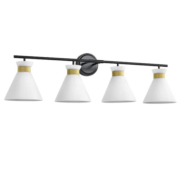 KAISITE 36 in. 4-Light Black and Gold Vanity Light with Milk