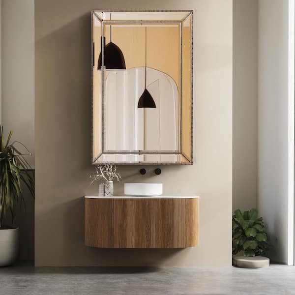Deco Mirror 30 in. W x 42 in. H Framed Rectangular Beveled Edge Bathroom Vanity Mirror in Champagne Silver