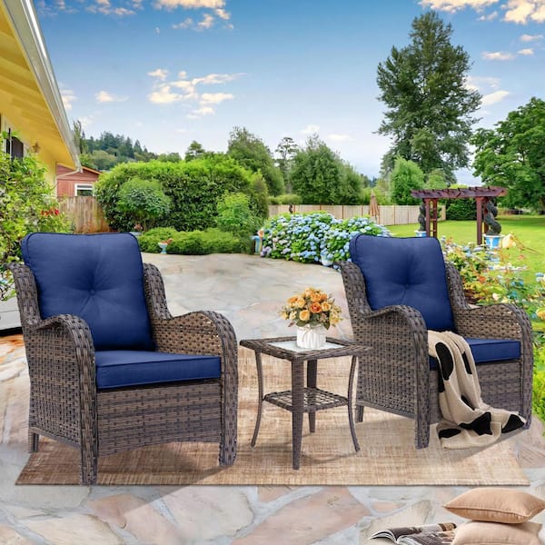 DWIOM Brown 3-Piece Wicker Outdoor Bistro Set Patio Furniture Armchairs Rattan Side Table with Navy Blue Cushions