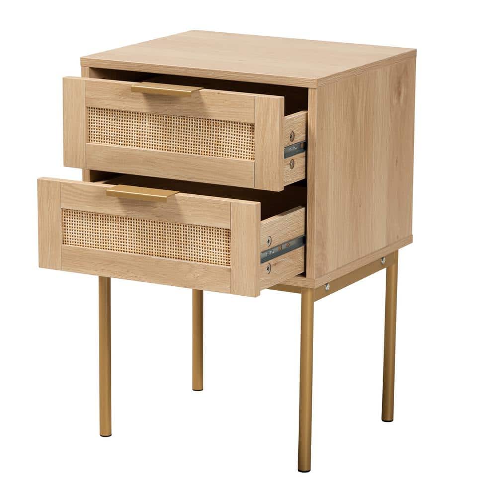 Japandi Light Brown Wood and Gold Metal 2-Drawer End Table with Rattan Fronts