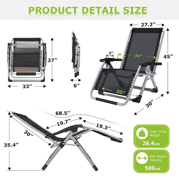 33 in. W Metal Zero Gravity Outdoor Recliner Oversized Lounge Chair with Cup Holder and Gray Cushions