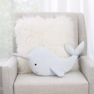Light Blue Whimsical Narwhal Shaped Polyester 15 in. x 18 in. Decorative Throw Pillow with 3D Silver Metallic Horn