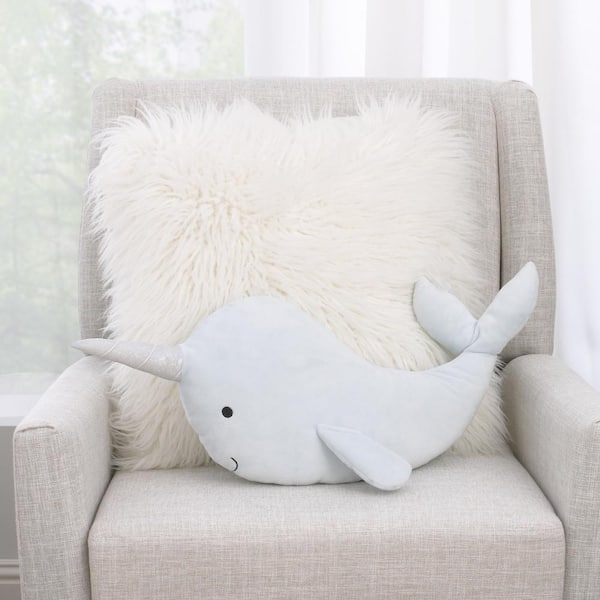 LITTLE LOVE BY NOJO Light Blue Whimsical Narwhal Shaped Polyester 15 in. x 18 in. Decorative Throw Pillow with 3D Silver Metallic Horn