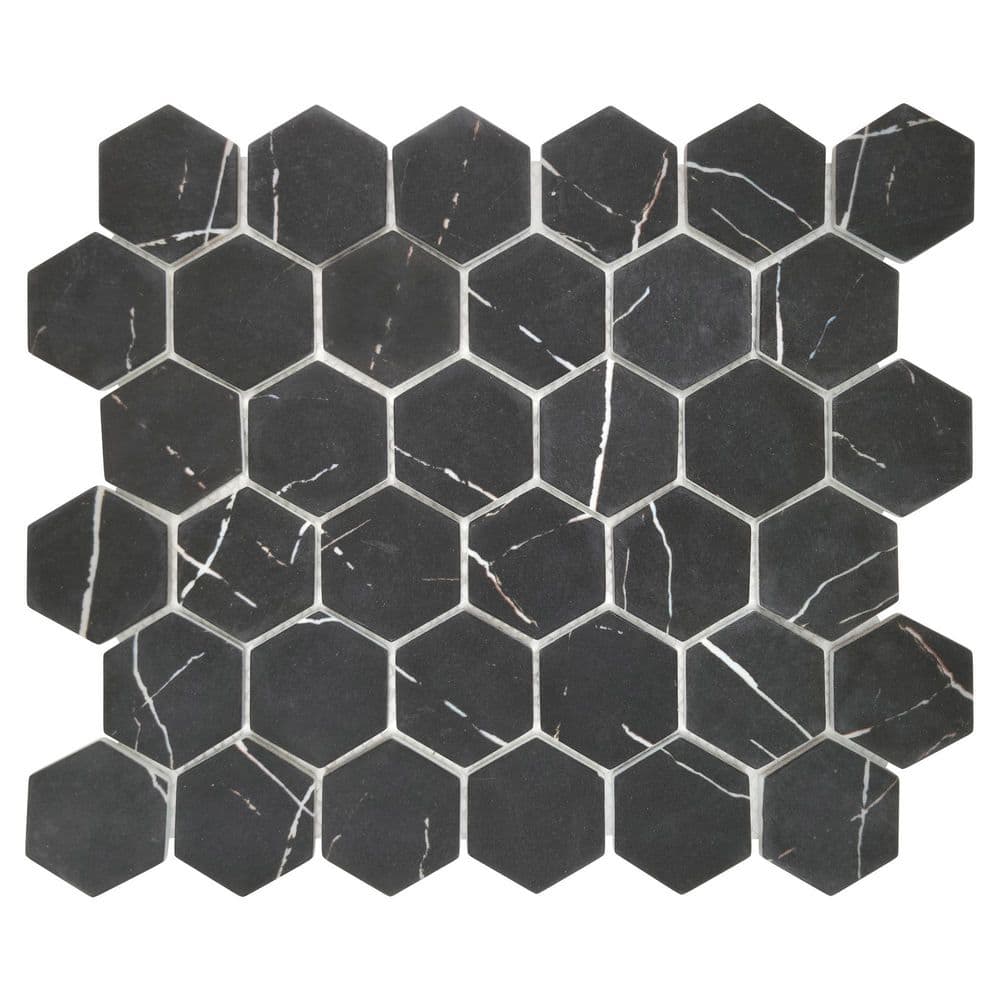 Black Marquina 11 in. x 10 in. Hexagon Recycled Glass Marble Looks Floor and Wall Mosaic Tile (8.33 sq. ft./Case) price history on PriceWatchPro
