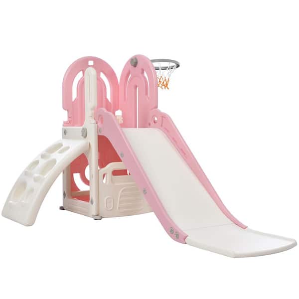 Unbranded 4-in-1 Toddler Climber & Slide, Kids Playground Climber Freestanding Slide Playset w/Basketball Hoop Combination in Pink