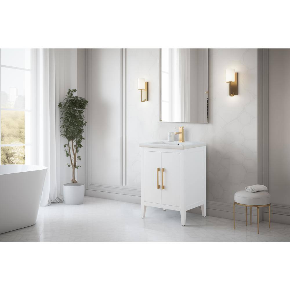 24" White Single Sink Bathroom Vanity with Gold Hardware