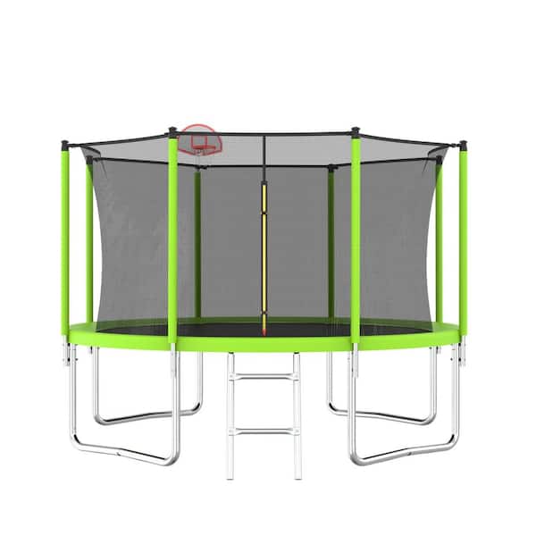 12 ft. Trampoline for Kids and Adults with Basketball Hoop and Ball, Recreational Trampolines w/ Safety Enclosure, Green