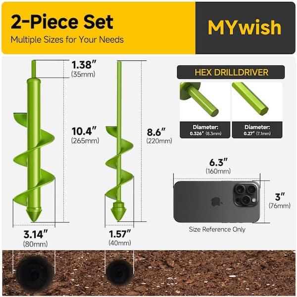 High-Carbon Steel Garden Auger Drill Bit Set (2-Piece) for Planting with 3/8 in. Hex Shank in Green