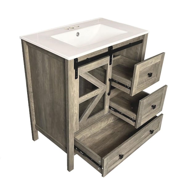 30 in. Sink Freestanding Glass Wood Barn Door Bath Vanity with White Ceramic Top Unassembled, Rustic Sliding Cabinet
