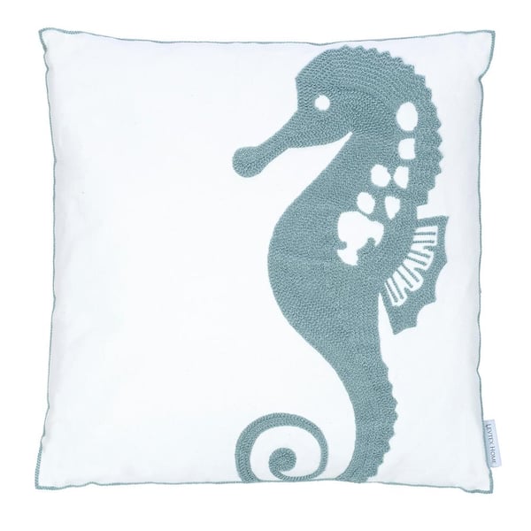 LEVTEX HOME Maui Blue Teal and White Seahorse Towel Stitch 18 in. x 18 in. Throw Pillow
