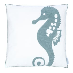 Maui Blue Teal and White Seahorse Towel Stitch 18 in. x 18 in. Throw Pillow