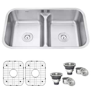 Undermount Stainless Steel 32 in. 16-Gauge 50/50 Low Divide Double Bowl Kitchen Sink