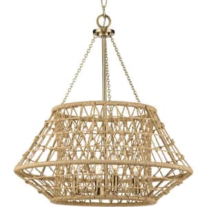 Laila Collection 22.37 in. 4-Light Vintage Brass Chandelier with Woven Jute Accents