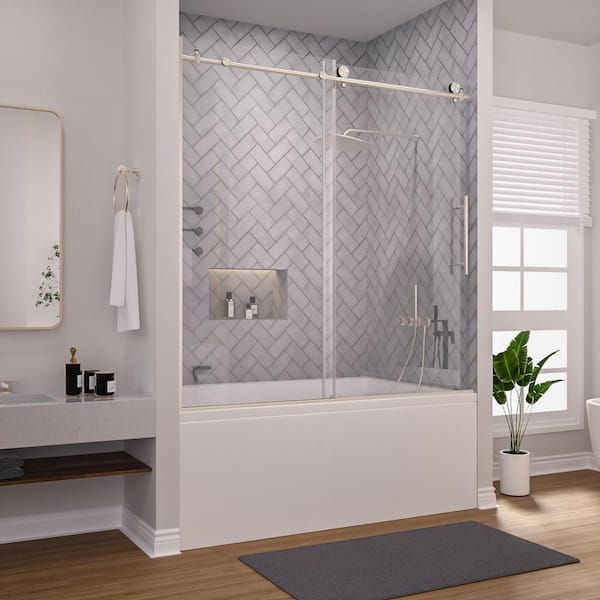 niveal Vale 60 in. W x 60 in. H Sliding Semi Frameless Tub Door in Brushed Nickel Finish