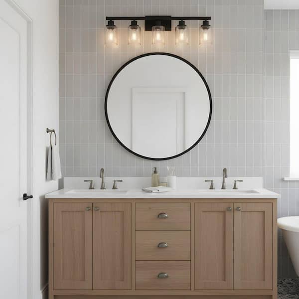 31.1 in. 5-Light Modern Matte Black Bathroom Vanity Light with Classic Glass Shades