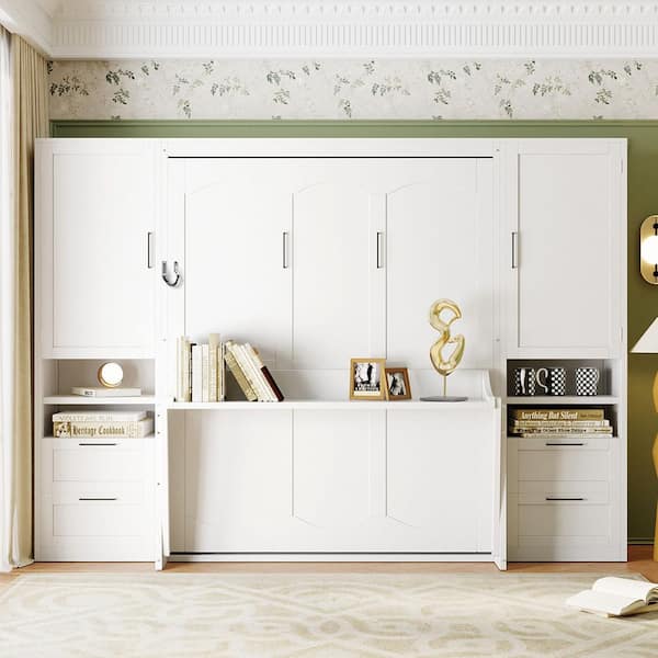 White Wood Frame Queen Size Murphy Bed with Closet, Drawers and Shelves
