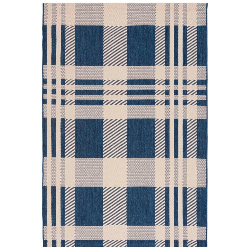 Navy and Beige Plaid Indoor/Outdoor Synthetic Area Rug