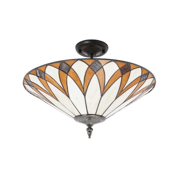15.7 in. 3-Light Colorful Retro Semi-Flush Mount Ceiling Light with Stained Glass Shade and No Bulbs Included