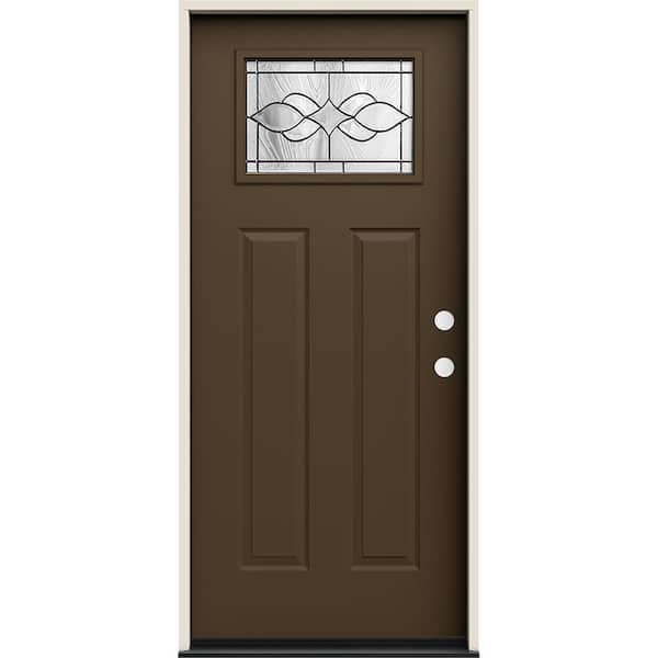 JELD-WEN 36 in. x 80 in. Left-Hand/Inswing Craftsman Carillon Decorative Glass Dark Chocolate Steel Prehung Front Door