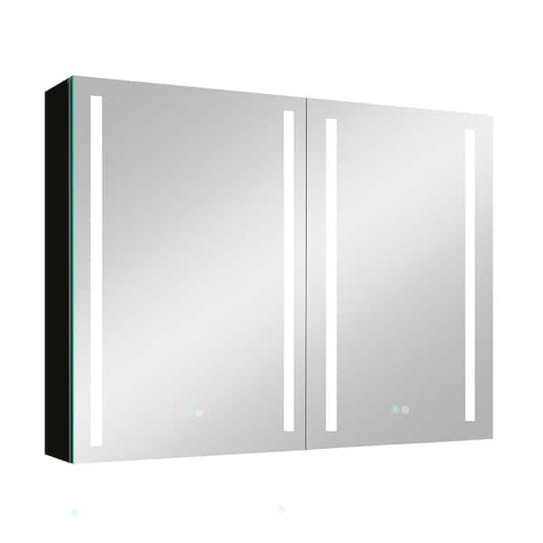 FAMYYT 40 in. W x 30 in. H Rectangular Black LED Aluminum Surface Mount Medicine Cabinet with Mirror
