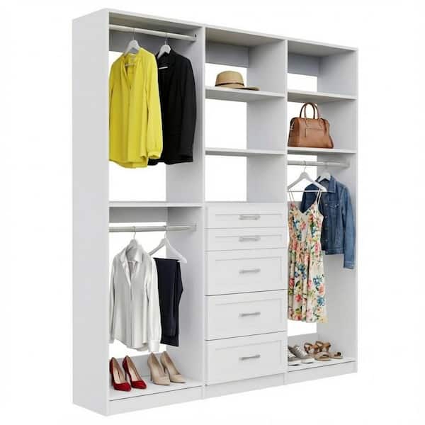 Alto Collection 90 in. W White Wall Mounted Shaker Double Hang, 5-Drawer and Medium Hang Wood Closet System