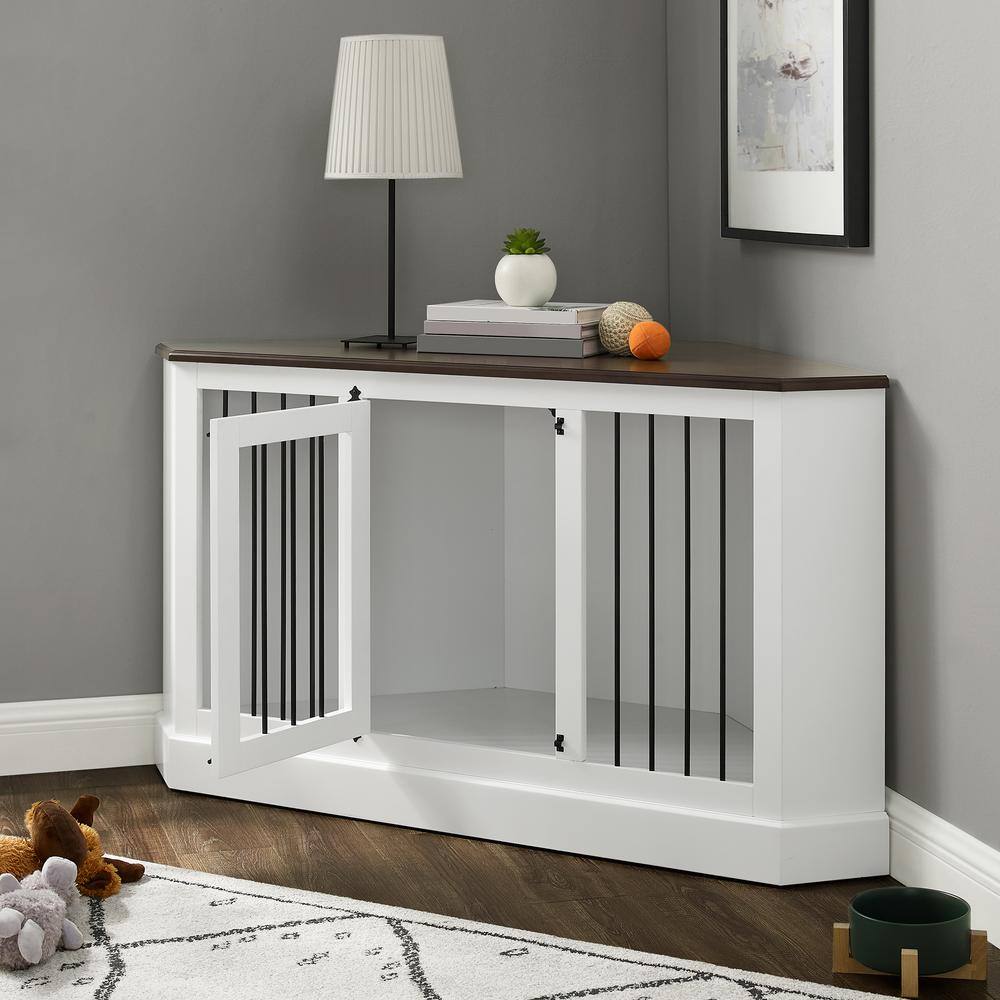 Small White Wood and Steel Corner Dog Crate Credenza