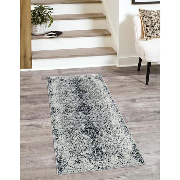 Kamala Washable Chevron Black and White 2 ft. 7 in. x 12 ft. Area Rug