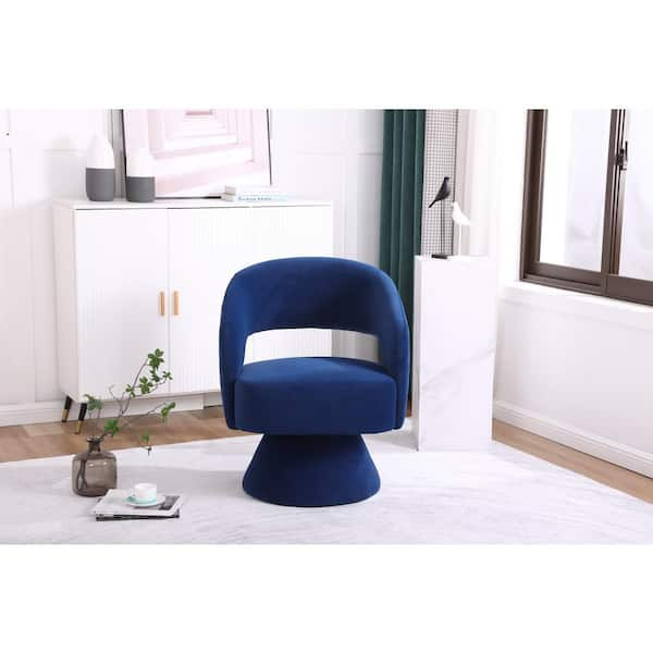 Fabric Upholstered Blue Swivel Accent Chair Armchair Round Barrel