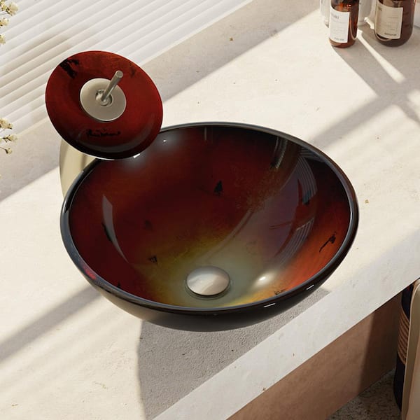 Rene Glass Vessel Sink in Gradient Red with Waterfall Faucet and Pop-Up Drain in Brushed Nickel