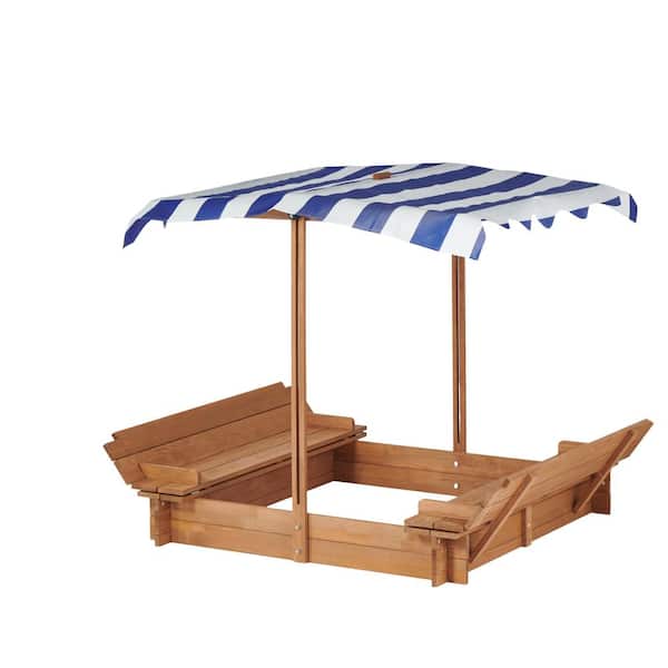 3.8 ft. W x 3.8 ft. L Wood Kid Sandbox, Outdoor Sandpit with Adjustable Cover, 2 Foldable Bench Seats, for Backyard Play