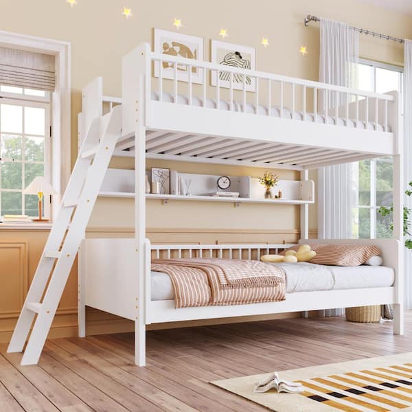 Nestfair White Twin over Twin Wood Bunk Bed with 3 Storage Shelves ...
