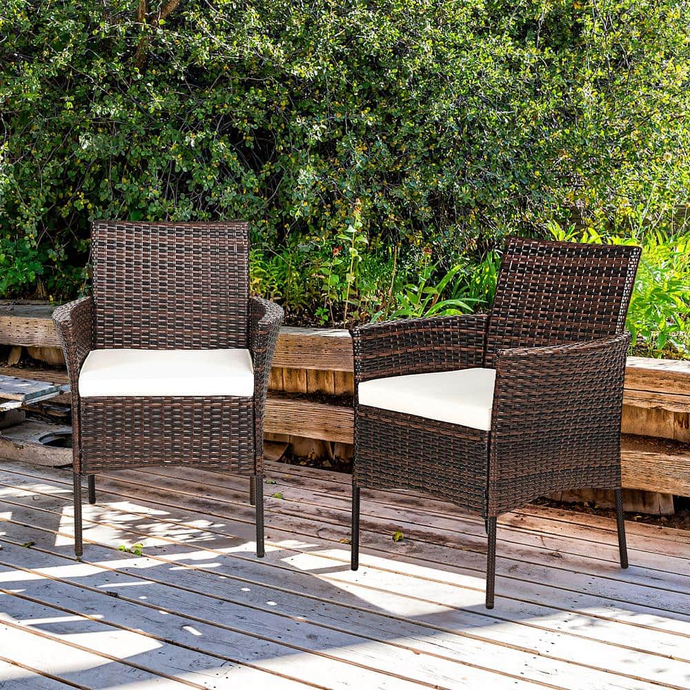 Brown Wicker Outdoor Dining Chairs with Cushions, Set of 2