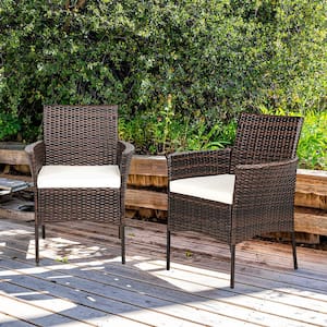 Brown Wicker Outdoor Rattan Dining Chair Patio Arm Chair w/Zipper and White Cushions(2-Pack)