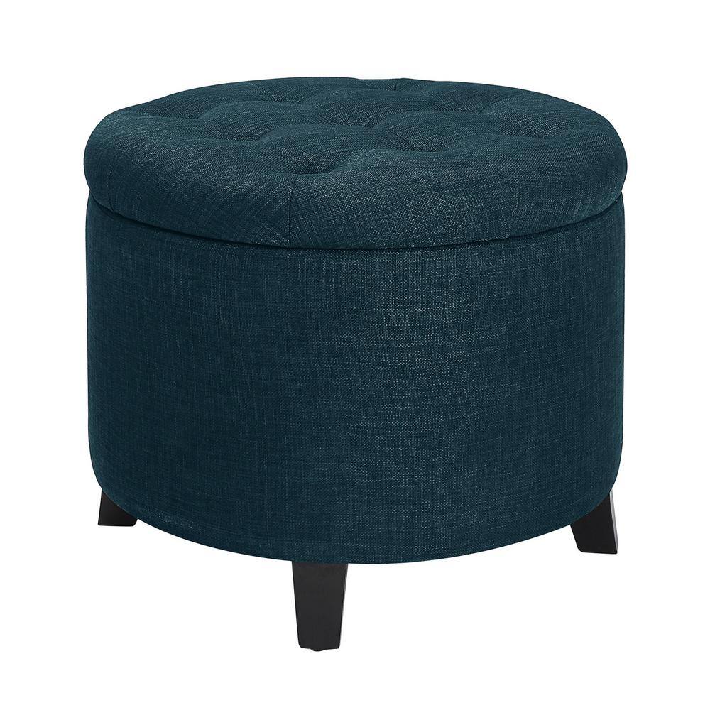 Tufted Luxe Dark Blue Round Storage Ottoman with Solid Rubberwood Legs