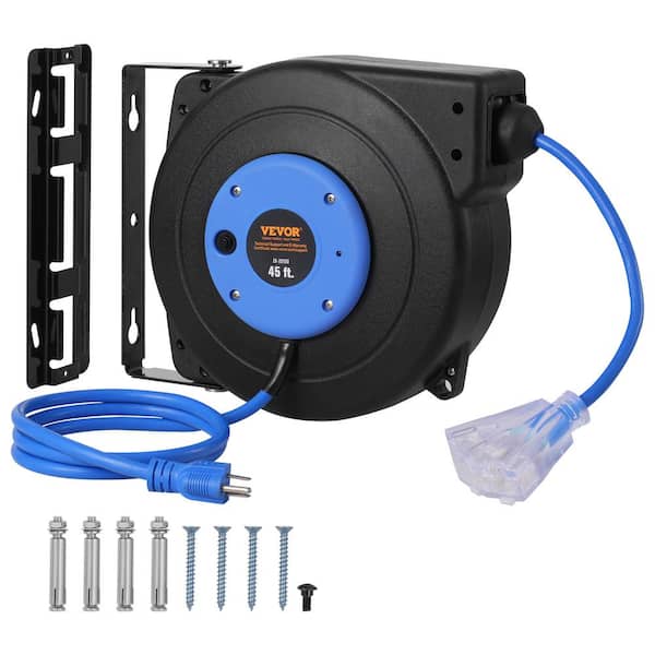 VEVOR 45 ft. 12/3 15Amp Retractable Extension Cord Reel Heavy Duty SJTOW Retractable Power Cord with Lighted Triple Tap Outlet