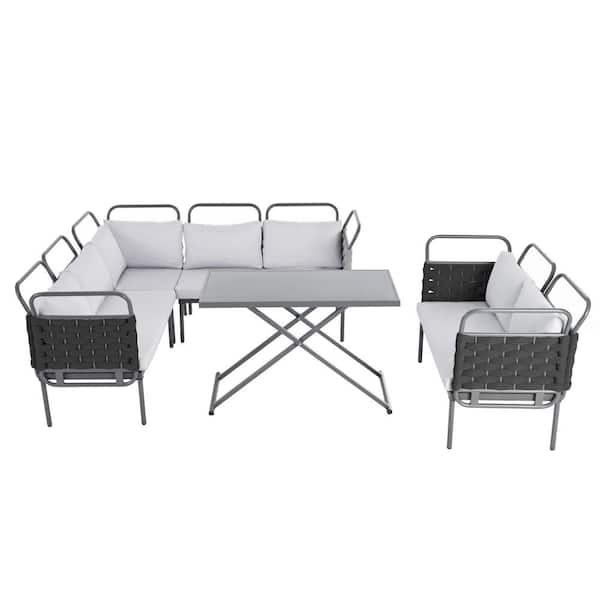 Mondawe 5-Piece Dark Gray Metal Woven Rope Outdoor Furniture Sectional Sofa Set with Gray Cushion and Glass Table