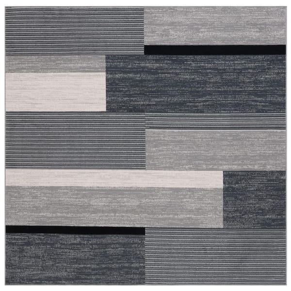 Odyssey 7 ft. x 7 ft. Dark Gray/Black Ivory Abstract Striped Square Area Rug