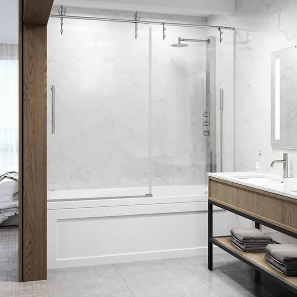 VIGO Hamilton 56 in. to 60 in. W x 68 in. H Aerodynamic Frameless Sliding Tub Door in Chrome with Clear Glass