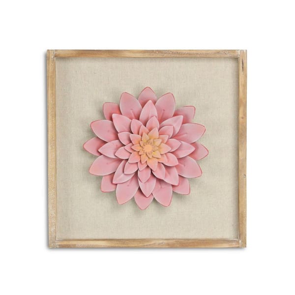 12.5 in. x 12.25 in. Pink, White Pink Off Flower Wood and Metal Wall Art 1-Piece