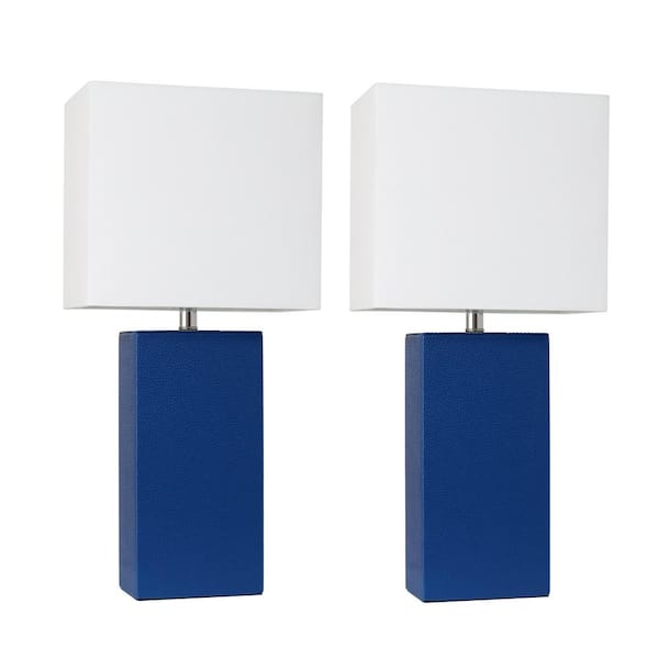 Elegant Designs 21 in. Modern Blue Leather Table Lamps with White Fabric Shades (2-Pack)