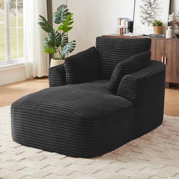 64.6 in W Square Arm Corduroy Upholstered Rectangle Lazy Sofa Chaise for Living Room in Black, No Assembly Required