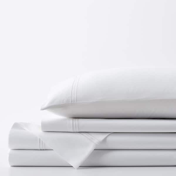 The Company Store Legends Hotel Dorset Stripe 4-Piece White Embroidered 600-Thread Count Egyptian Cotton Sateen California King Sheet Set