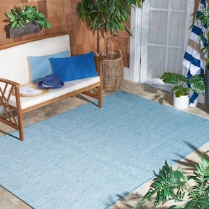 Beach House Aqua 4 ft. x 4 ft. Solid Striped Indoor/Outdoor Patio  Square Area Rug