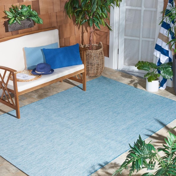 Beach House Aqua 5 ft. x 5 ft. Solid Striped Indoor/Outdoor Patio  Square Area Rug